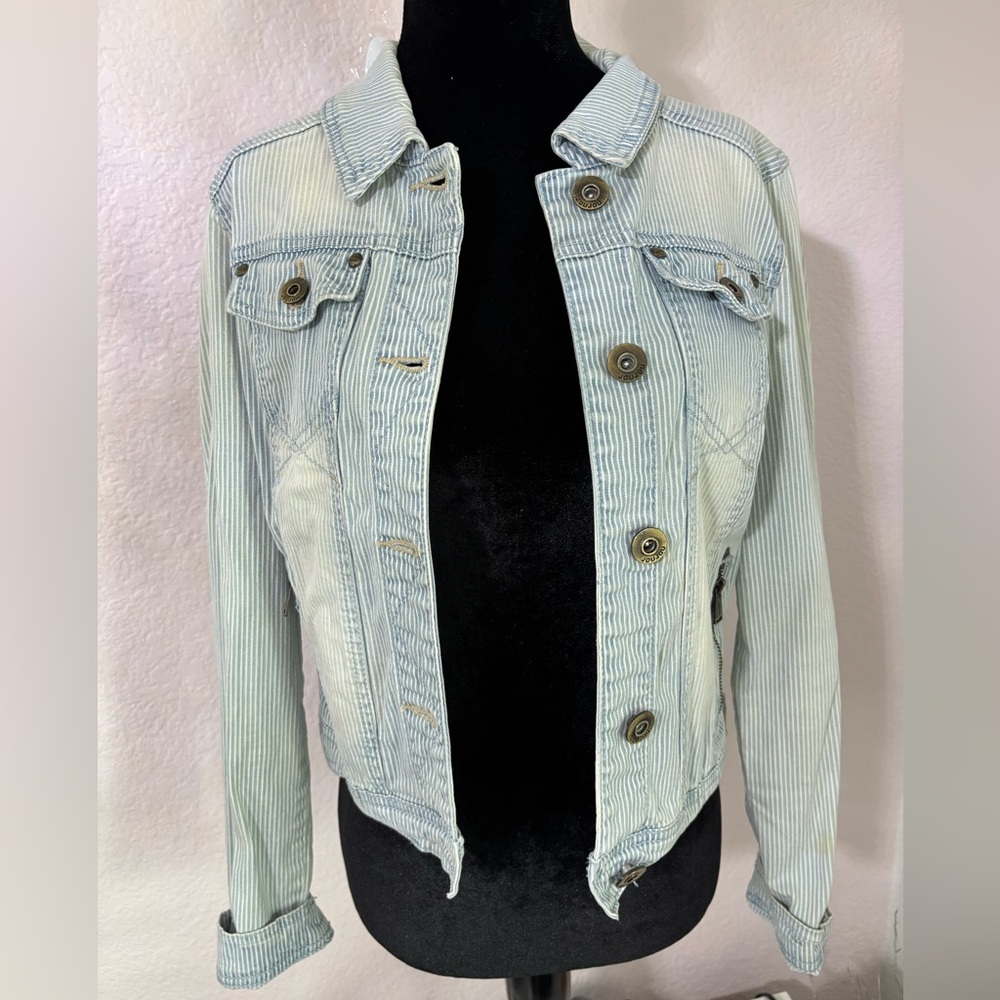 Jou Jou Light Blue Striped-Washed Out Jean Jacket (S)